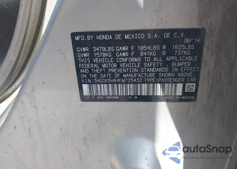 2015 Honda Fit Ex/Ex-L из США, поврежденный, VIN 3HGGK5H84FM725432